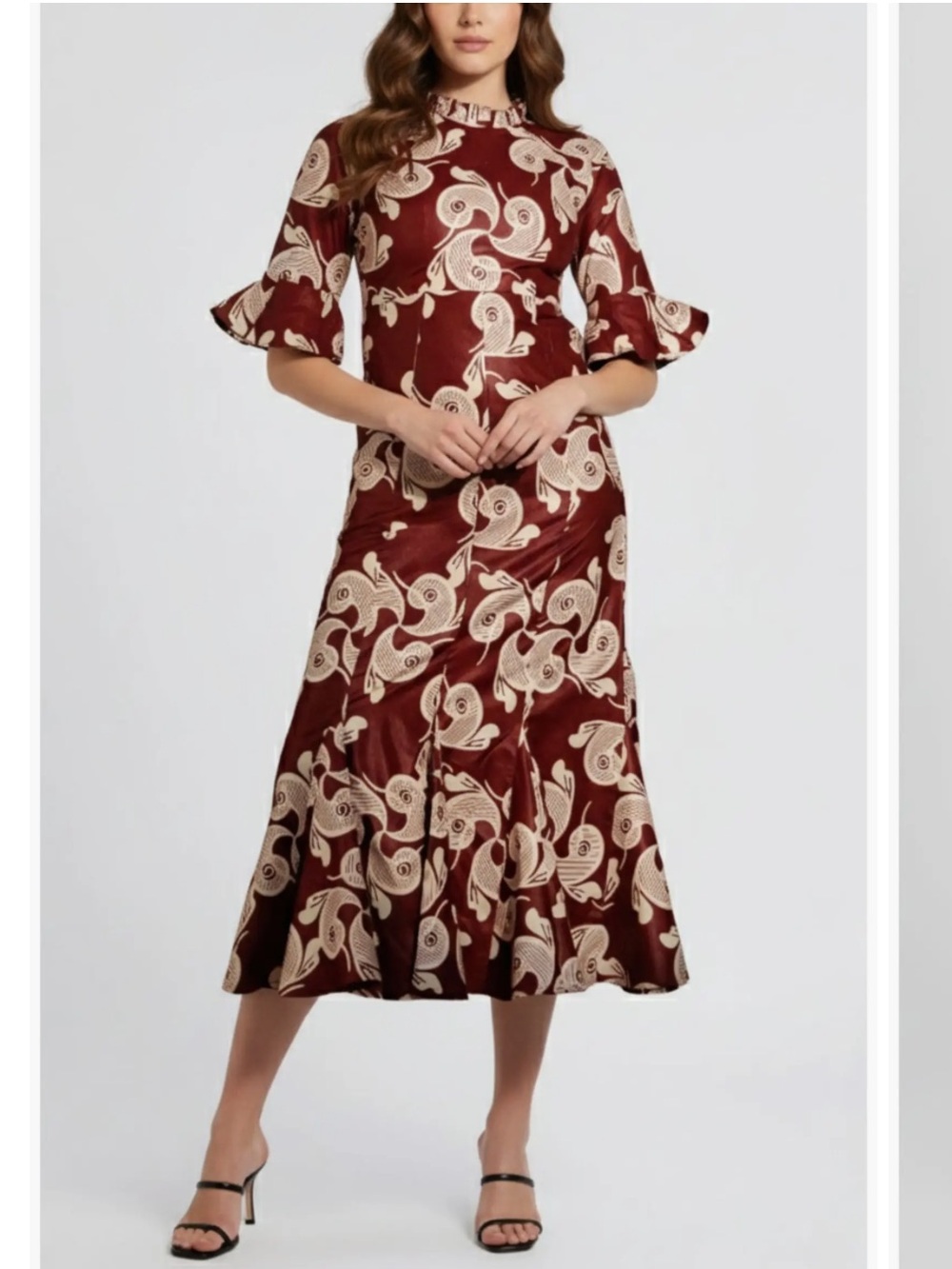 Midi Dress in Burgundy and Cream Print